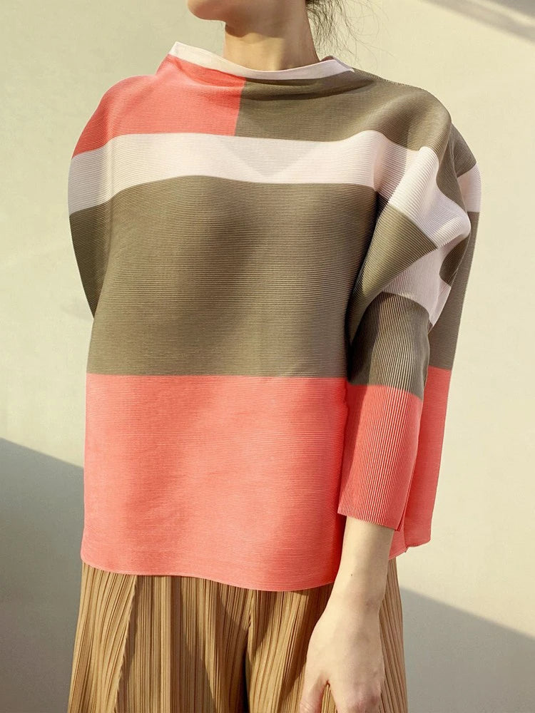 Miyake Pleated Geometric Printed Crop Tops Women Spring Summer New Designer Turtleneck Causal Aesthetic Clothes