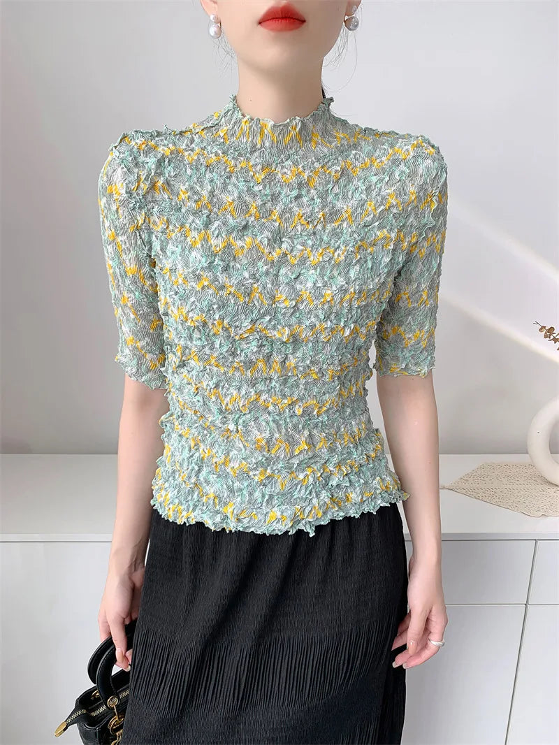 Miyake Style Handmade Pleated Top for Women 2025 Summer New Comfortable Casual Slit Loose Round Neck Short-sleeved T-shir Woment