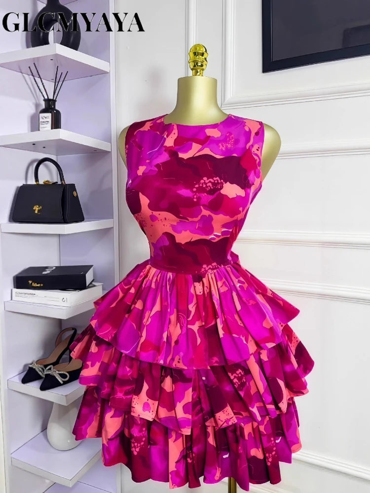 GLCMYAYA Women Floral Printed Sleeveless Cascading Ruffles Big Swing Ball Gown Dress 2025 Beach Vacation Holiday Vestido Dresses