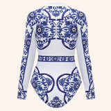 Women New Surfing Sport Swimsuit Long Sleeves One Piece Swimsuit Swimwear Solid Monokini Bathing Suit Tropical Bodysuit Female