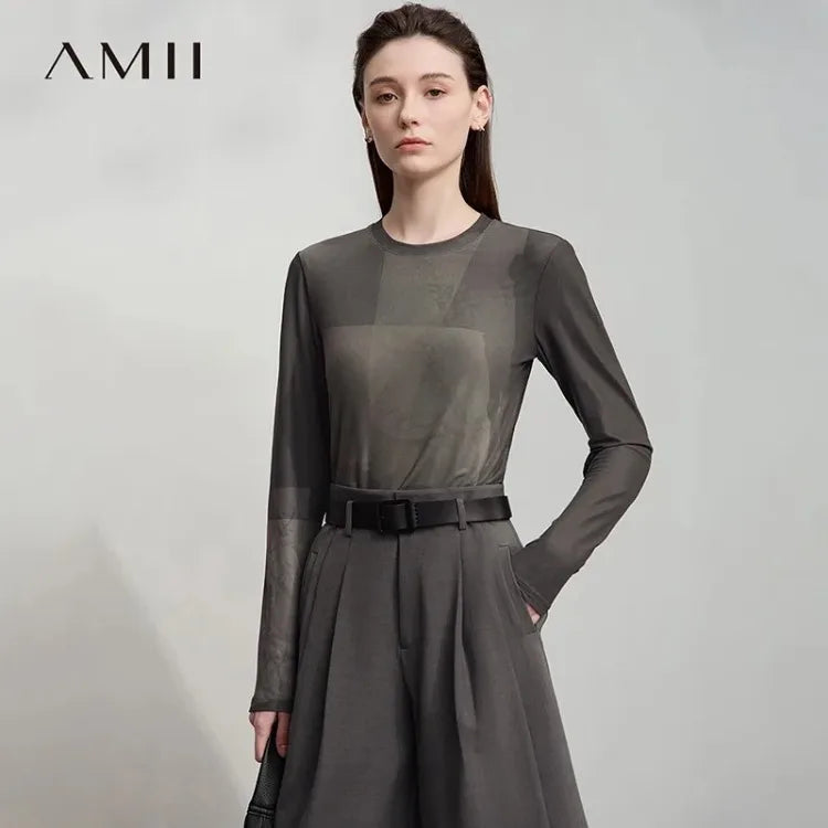 AMII Minimalist Women's Long Sleeve T-Shirt for Woman 2025 Autumn Round Neck Abstract Print Mesh Tees Casual Slim Tops 12513002