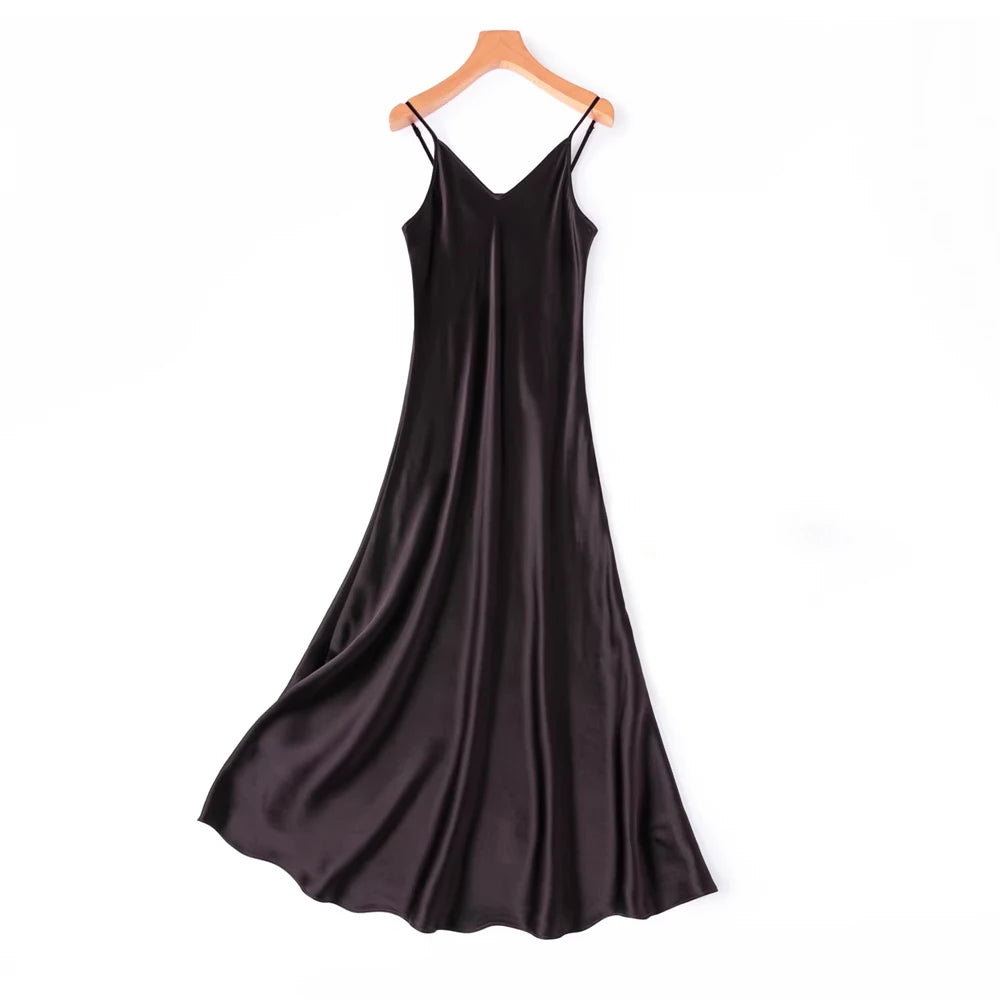 2026 Women's Fashion New 21MM 100% Natural Mulberry Silk Plain Satin Extended French Sexy Adjustable Shoulder Strap Solid Dress