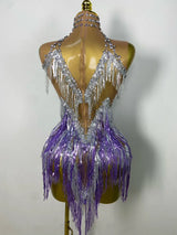 Stock Nightclub Singer Dance Stage Costume Evening Gowns Women Sexy Stretch Mesh Sparkly Rhinestone Tassels Mini Dress