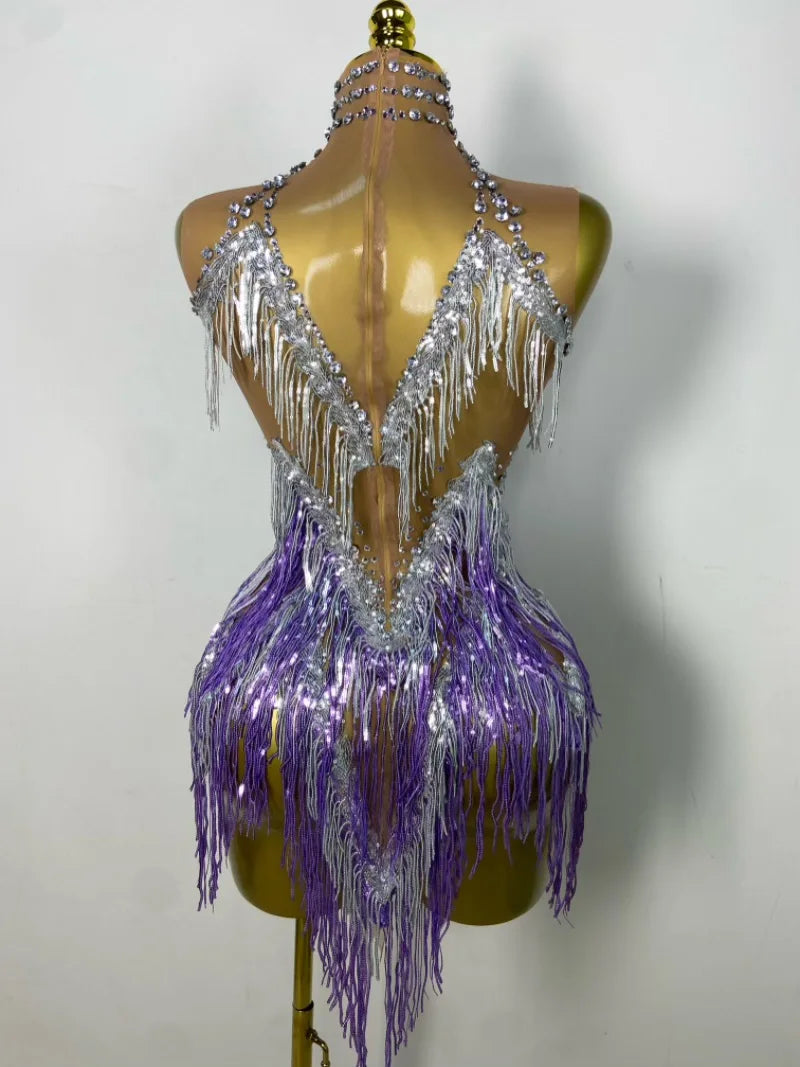 Stock Nightclub Singer Dance Stage Costume Evening Gowns Women Sexy Stretch Mesh Sparkly Rhinestone Tassels Mini Dress