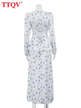 TTQV Fashion Loose Print Women's Dress 2026 Spring V-Neck Long Sleeve Maxi Dresses Elegant Classic High Waist Female Dress