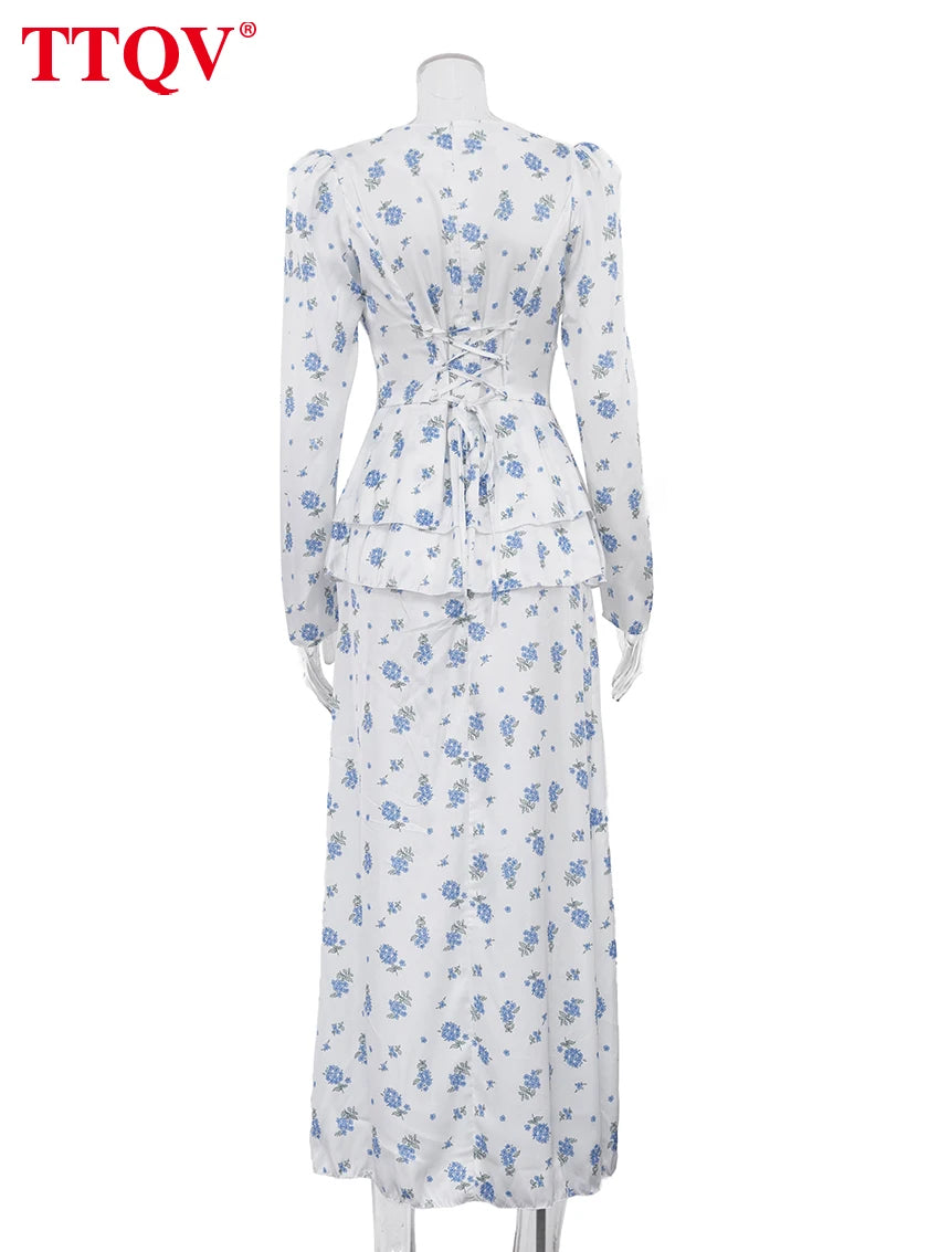 TTQV Fashion Loose Print Women's Dress 2026 Spring V-Neck Long Sleeve Maxi Dresses Elegant Classic High Waist Female Dress