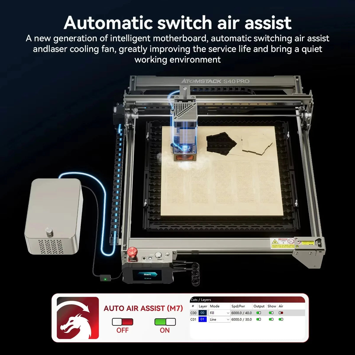 ATOMSTACK S40 Pro Laser Engraving Machine Power Adjustment 24W/48W with Air Assisted Wood Metal Cutting CNC Machines