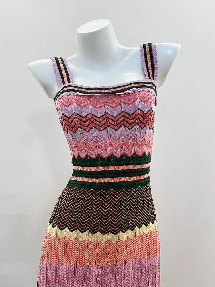 CHUJIE 2026 Summer Collection – French Vacation Style, Colorful Wave Knit Multi-Color Striped Slim-Fit Knit Camisole Dress