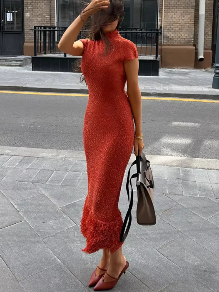 High Neck Short Sleeve Tassel Trim Midi Dress Slim Fit Bodycon 2026 Summer Women Elegant Dress Galm Casual Lady Long Dress