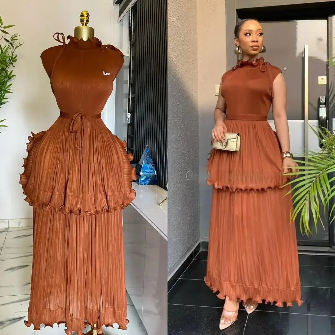 Miyake Pleated Ruffle Collar Dress with Temperament, Solid Color Sleeveless Ball, Elegant Plus Size Long Dress, 2025 Summer