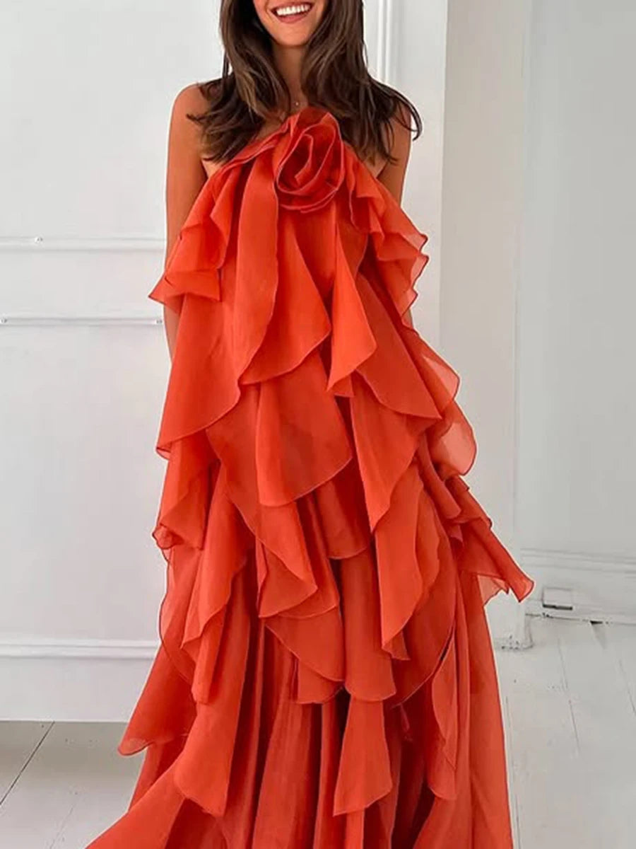 TWOTWINSTYLE Solid Spliced Ruffles Elegant Dresses For Women Halter Sleeveless High Wasit Backless Loose Dress Female Fashion