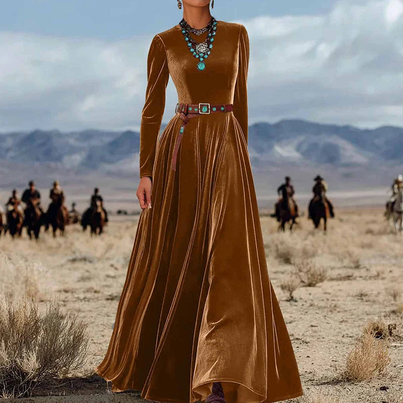 O Neck Solid Patchwork Chic Maxi Dress, Spring Autumn Women Casual Long Sleeve Party Dress, 2025 New Holiday Simple Ladies Dress