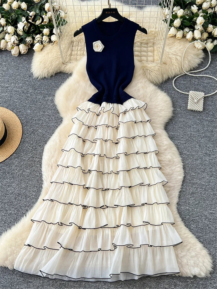 SINGREINY Autumn 3D Floral Spliced Long Dress 2025 Female O Neck Long Sleeves High Quality Slim Luxury Knitted Party Cake Dress
