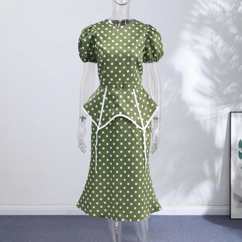 Women Polka Dot Print Puff Sleeve Dress With Waistband Fashion Satin Ruffled Hem Maxi Dresses Lady 2026 Elegant Retro Party Robe