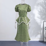 Women Polka Dot Print Puff Sleeve Dress With Waistband Fashion Satin Ruffled Hem Maxi Dresses Lady 2026 Elegant Retro Party Robe