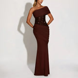 Suninheart One Shoulder Evening Dress for Women Elegant Draped Sequins Dress Long Back Lace Up Mermaid Maxi Party Dress