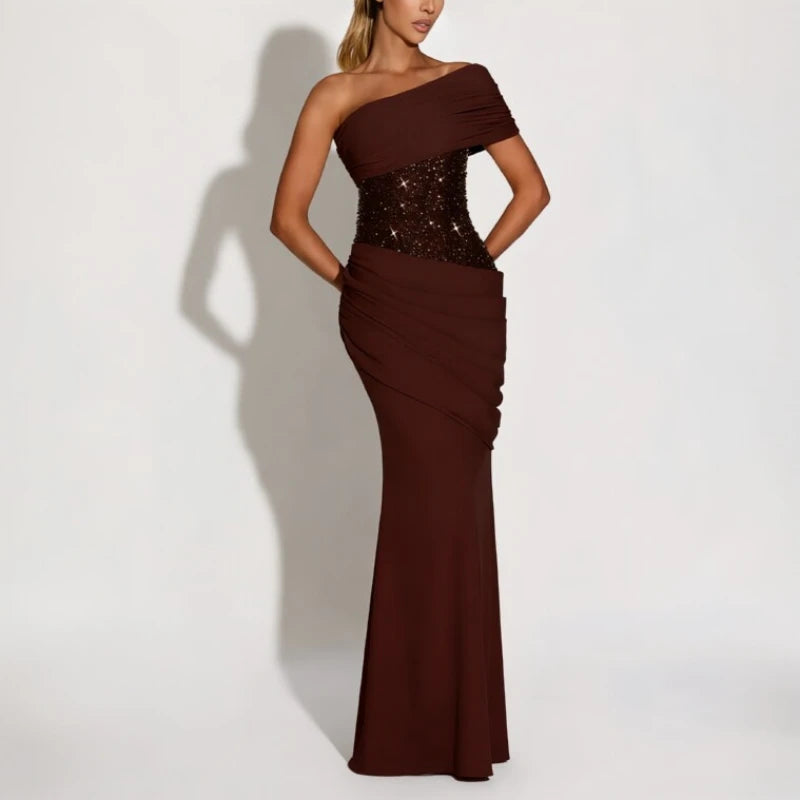 Suninheart One Shoulder Evening Dress for Women Elegant Draped Sequins Dress Long Back Lace Up Mermaid Maxi Party Dress