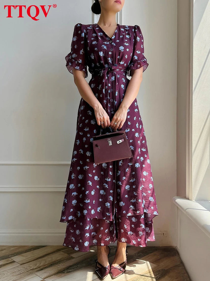TTQV Summer Loose Print Women's Dress 2026 Fashion V-Neck Short Sleeve Ankle Length Dresses Elegant Classic Lace-Up Female Dress