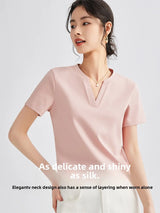 Women's 80s Double-Sided Mercerized Pima Cotton V-Neck T-Shirt 2025 Summer Oversized Slim Fit Soft Breathable Casual Comfy Top