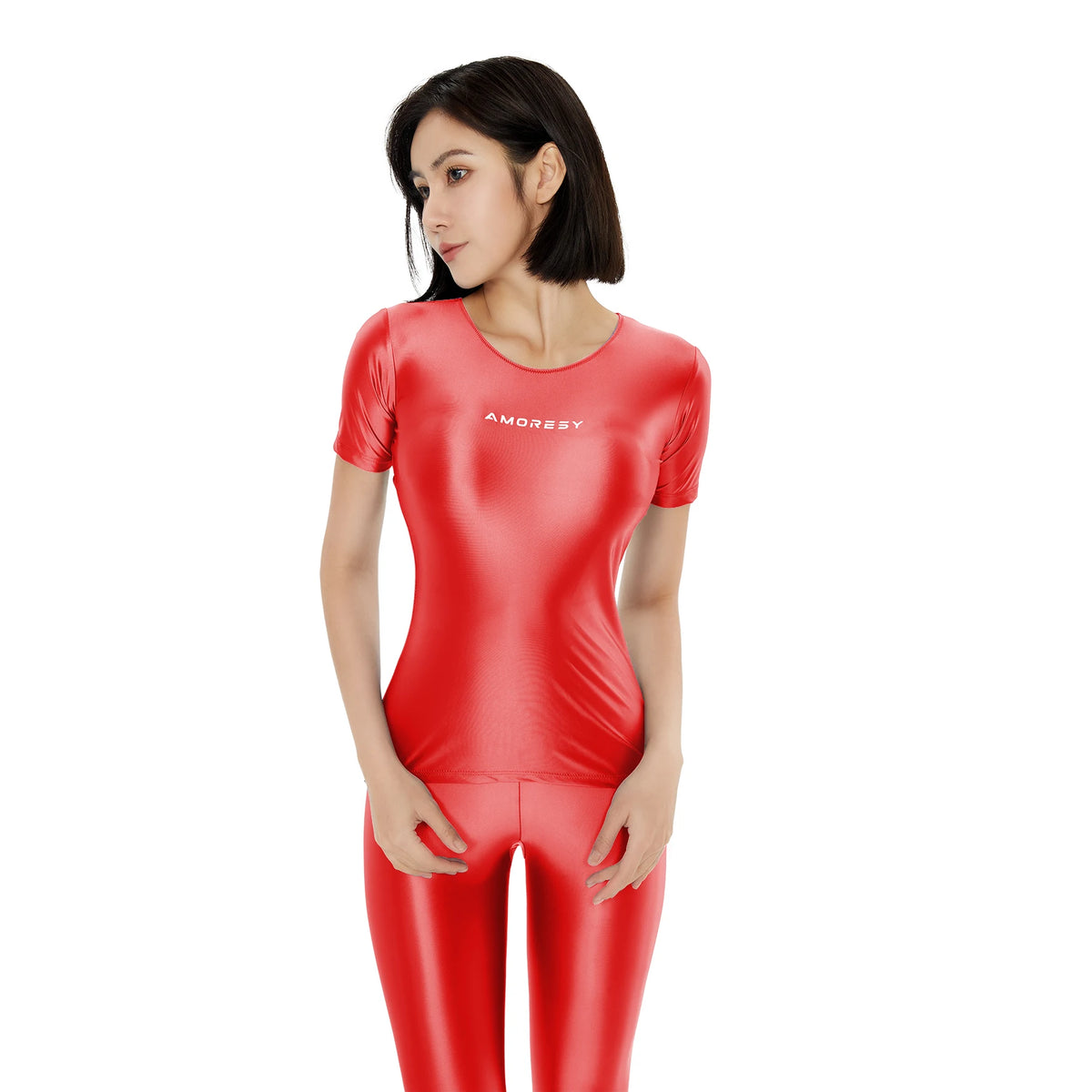 AMORESY Women Shiny Glossy Silky Short Sleeve Tights Tops Oil Round Neck Pullover Sports Running Stretch Fitness T-shirt Outdoor
