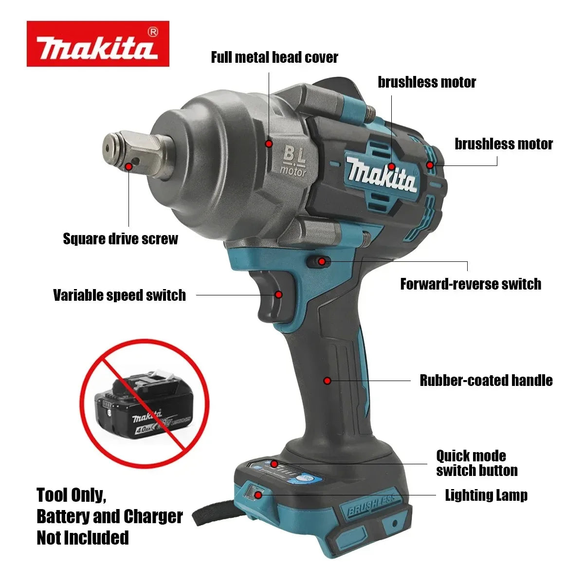 Makita Brushless 1000NM High Torque Impact Wrench 2000RPM Professional Heavy Duty Tool For Auto Repair Construction Work