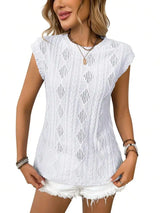 Women Sleeveless Knit Top With Ruffle Cap Sleeve Hollow Out Casual Summer Blouse