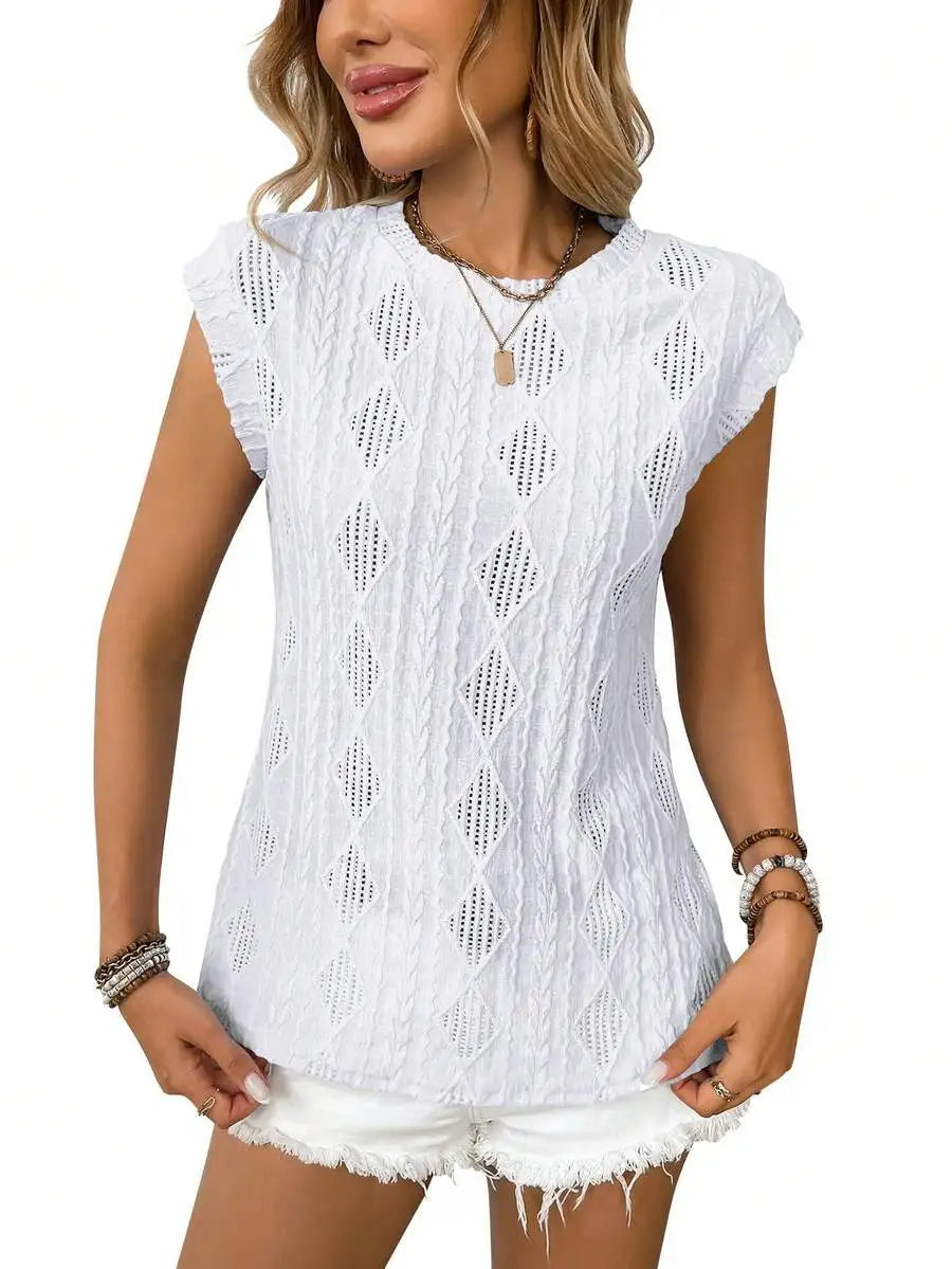 Women Sleeveless Knit Top With Ruffle Cap Sleeve Hollow Out Casual Summer Blouse