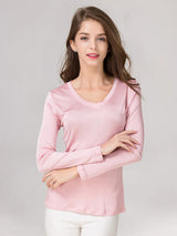 SuyaDream Women's Natural Silk Long Sleeve T-shirt V-Neck Solid Basic Top in Pink Blue Purple - Bottoming Shirt