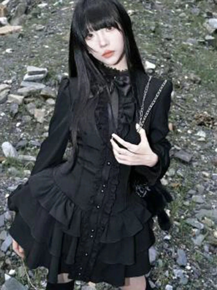 Aoaiiys Mini Dress Women Black Gothic Lace Spliced Dresses Y2K Japanese Streetwear Lolita Dresses Spicy Girls Fall Clothes New