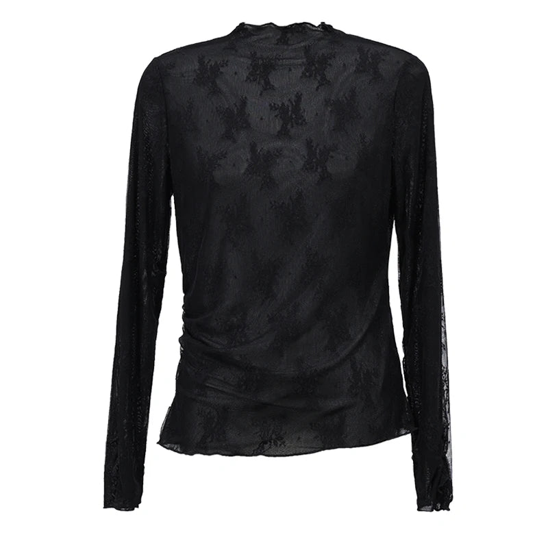 Amii Women's T-Shirts Mock Neck 2026 Autumn Long Sleeve Jacquard Lace Knitted Tops Slim Elegant Commute Woman Cloting 12623032