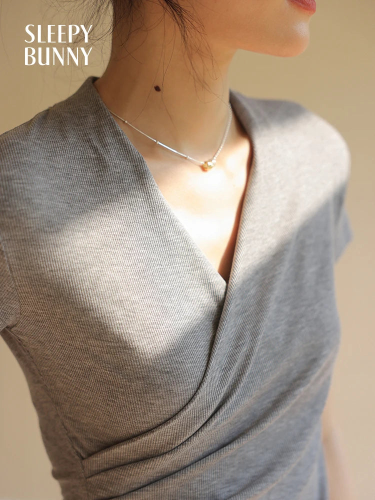Chic Cross V Neck T Shirt Slim Fit Short Sleeve Top Elegant Casual Summer Blouse for Women High Waist Stylish Daily Wear Outfit