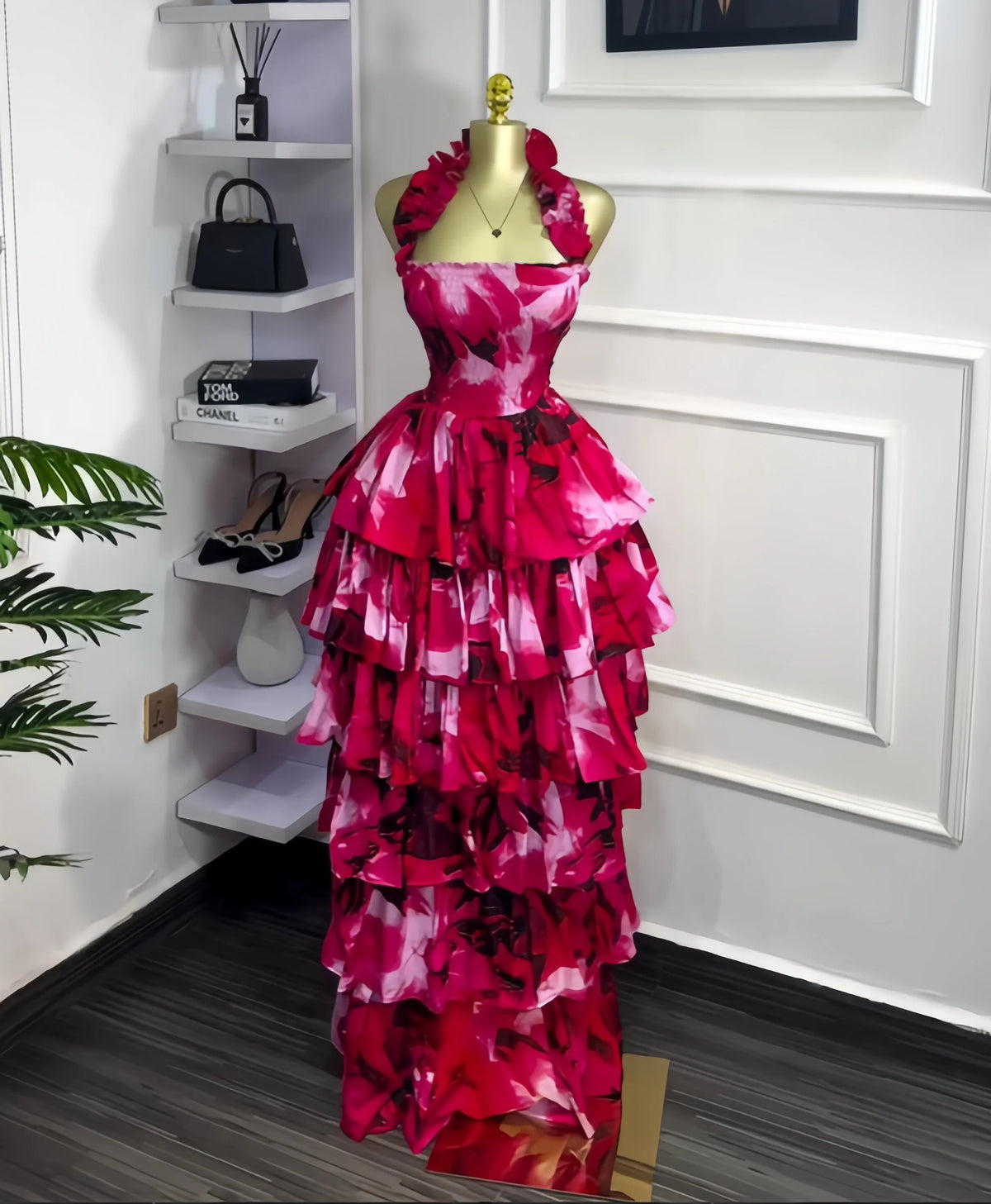 GLCMYAYA Women Floral Printed Cascading Ruffles Ball Gown Midi Maxi Long Dress Birthday Vacation Holiday Party Dresses Vestidos