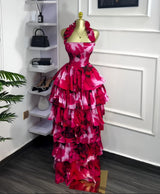 GLCMYAYA Women Floral Printed Cascading Ruffles Ball Gown Midi Maxi Long Dress Birthday Vacation Holiday Party Dresses Vestidos