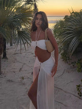 Women‘s Solid Bandeau Bikini Set Sexy Beach Swimwear High Waisted Split Skirt Push Up Swimsuit Hanging Neck Bathing Suit