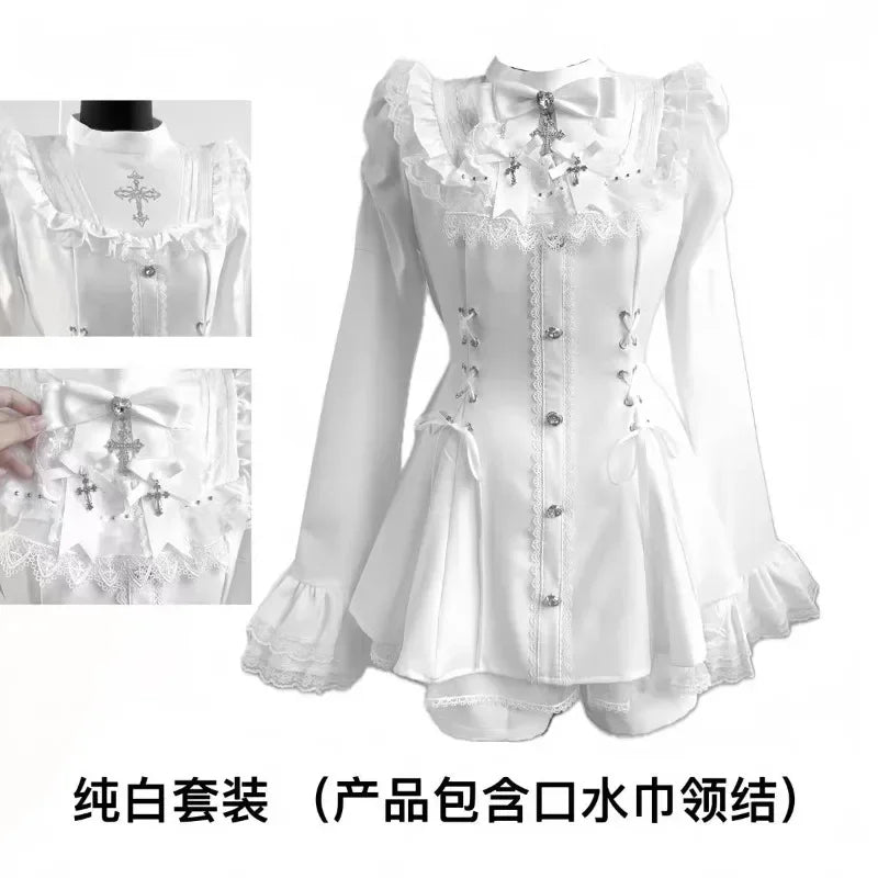 Japanese Gothic Lolita Dress Set Women Harajuku Y2k Bow Lace Ruffles Collar Mini Dresses Female Elegant Party Cute Dress