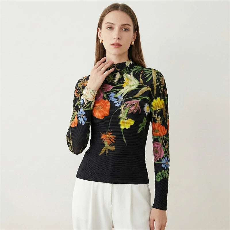 LANMREM 2026 spring New Printed women's pleated Pullover Top high elastic Slim Fit Long Sleeve stand collar T-shirt 2DB667