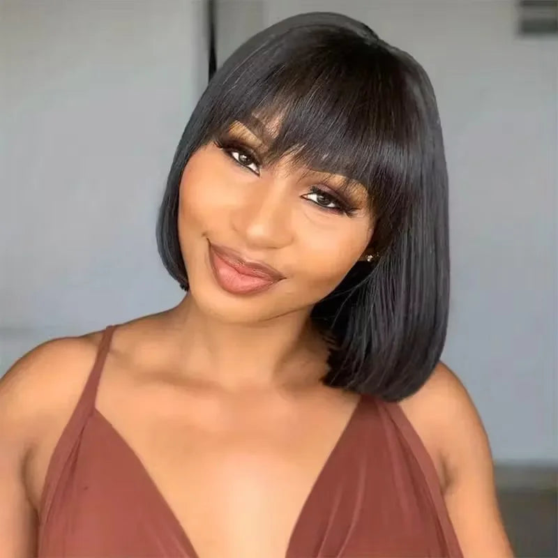 Straight Human Hair Bob Wigs With Bang Full Machine Made Wigs 3x1 Middle