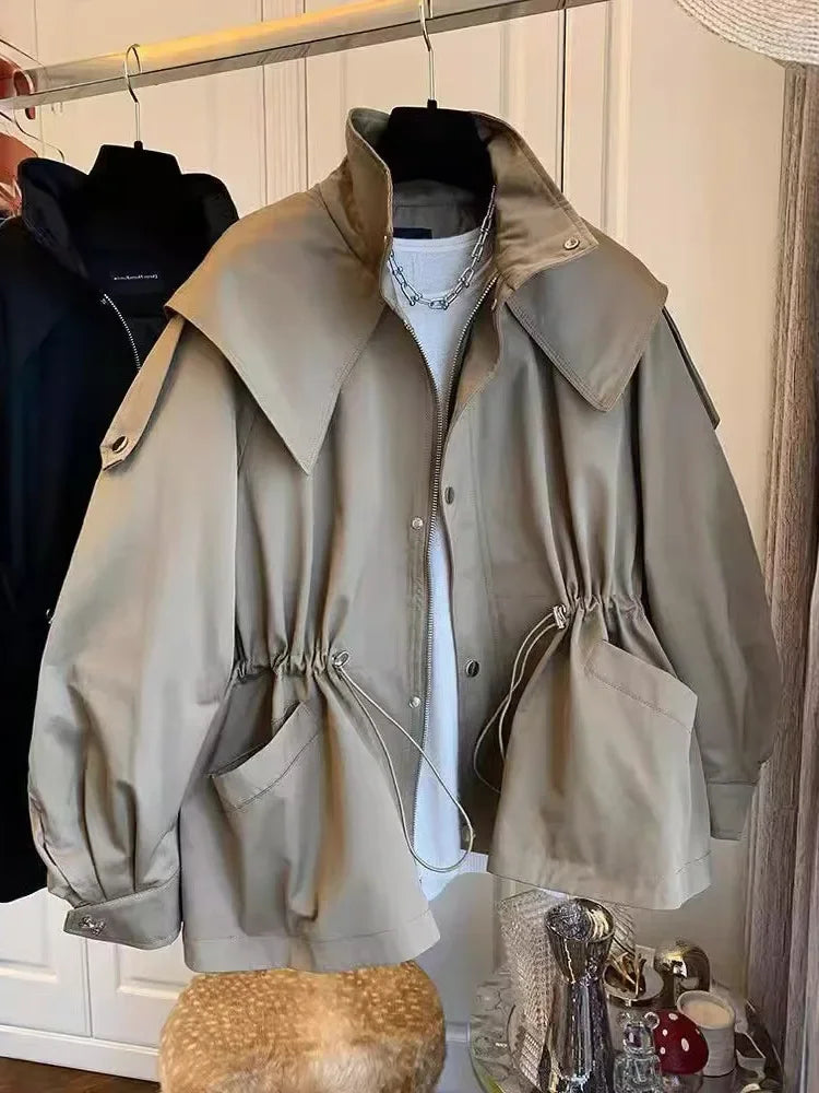 2026 Fall High-Neck Zip Jacket for Women, Loose Fit with Drawstring, Color-Block, Street-Style Trendy Coat