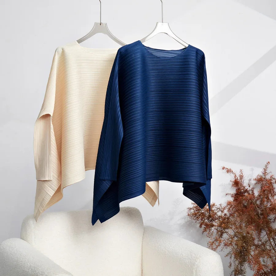 ALSEY Miyake Women's Long Sleeve Top Summer New Harajuku Style Simple Plus Size Loose Peplum Pleated T-shirt Female Clothing