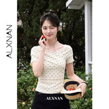 ALXNAN Black T-shirts 2026 Summer Cross V-neck Knit Short Sleeve T-shirt Women Elegant Casual Fashion Female Clothing L62865A