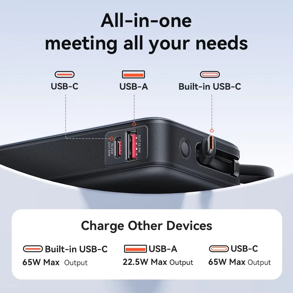 Vention Power Bank 20000mAh Portable PD 65W Fast Charging Built-in Type-C Cable External Battery Powerbank For iPhone 18 Laptop