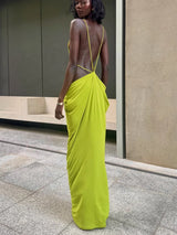 Sexy Green Hollow-out Maxi Dress Women Fashion Sleeveless Backless Pleated Slim Female Dresses Summer Party Evening Robe 2026