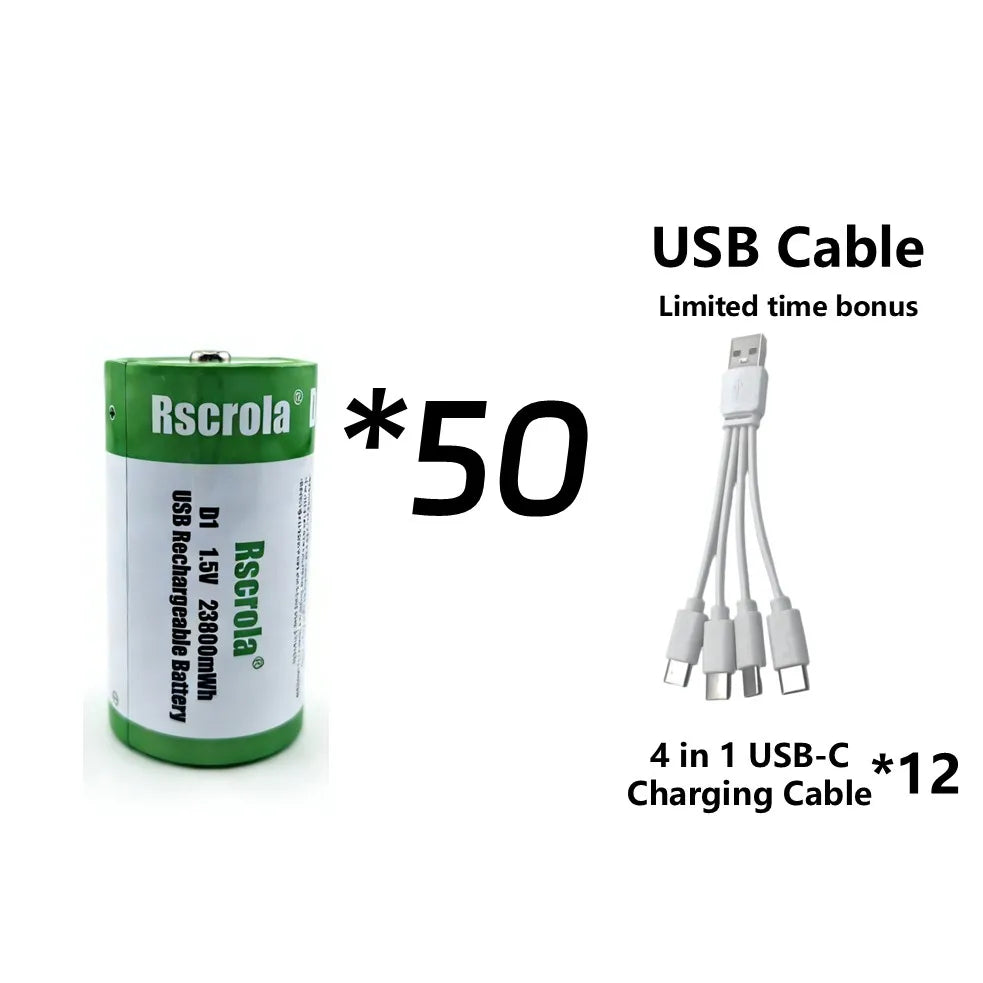 USB D Li-ion Rechargeable Batteries, High Capacity 1.5V 23800mWh Rechargeable D Battery, 4 H Fast Charge with Type C Port Cable