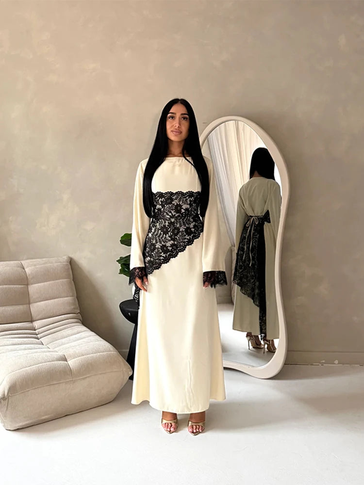 Elegant Women's Dress Full Sleeve Lace Patchwork Solid Straight Loose Female Dresses 2026 Spring Summer Casual Fashion Lady Robe