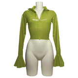 Punk Chic Flare Crop Tops,Long Sleeve,Vintage Pole Dance,Shiny PVC Leather T Shirt,Nightclub Fashion Tees,Female Pullover Blouse