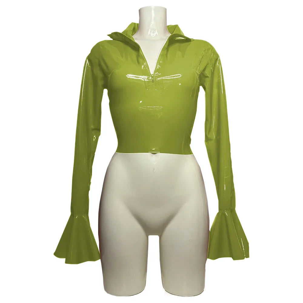 Punk Chic Flare Crop Tops,Long Sleeve,Vintage Pole Dance,Shiny PVC Leather T Shirt,Nightclub Fashion Tees,Female Pullover Blouse