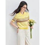 VIMLY Women's Contrasting Stripes Knitted T-shirt Summer 2026 New Polo Neck Casual Versatile Short Sleeve Yellow Top 75373
