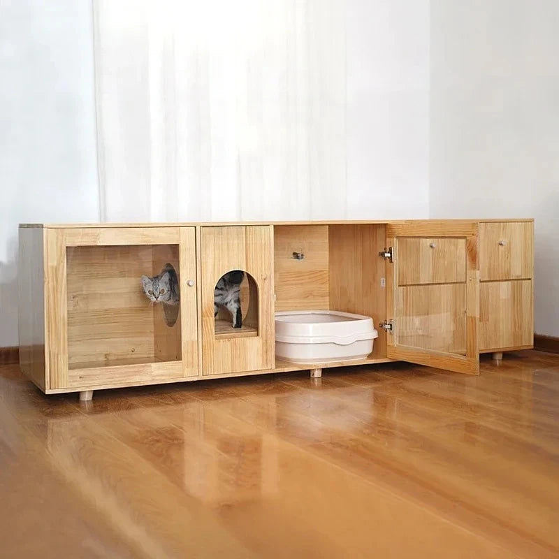 Cat Cage Super Large Free Space Solid Wood Indoor Home Warm Cat Cabinet TV Cabinet Cat Nest Toilet Integrated