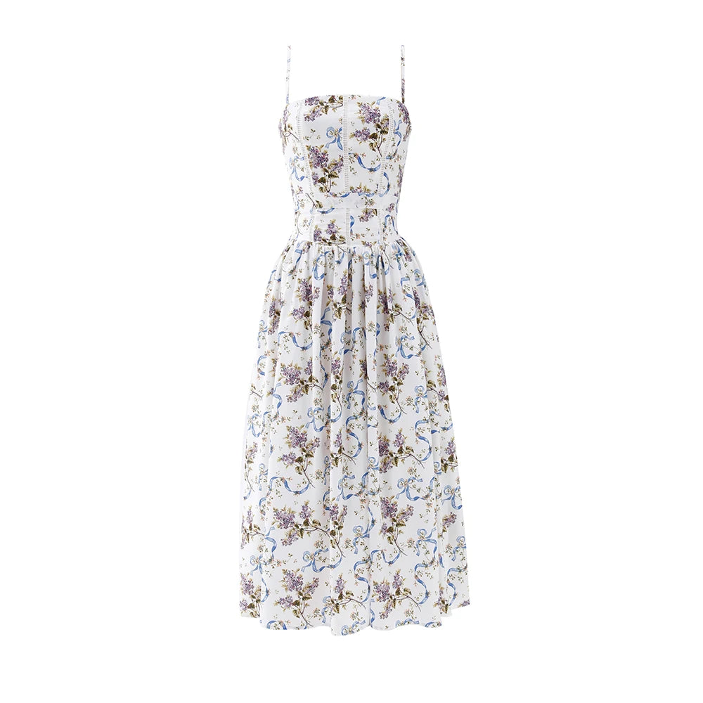 Mingmingxi Summer Floral Print Dress Elegant 2025 New Arrivals Spaghetti Strap Flare Dress Maxi Holiday Party Dresses Women