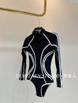 New black lines sexy slimming long sleeved sunscreen surfing sports one-piece swimsuit